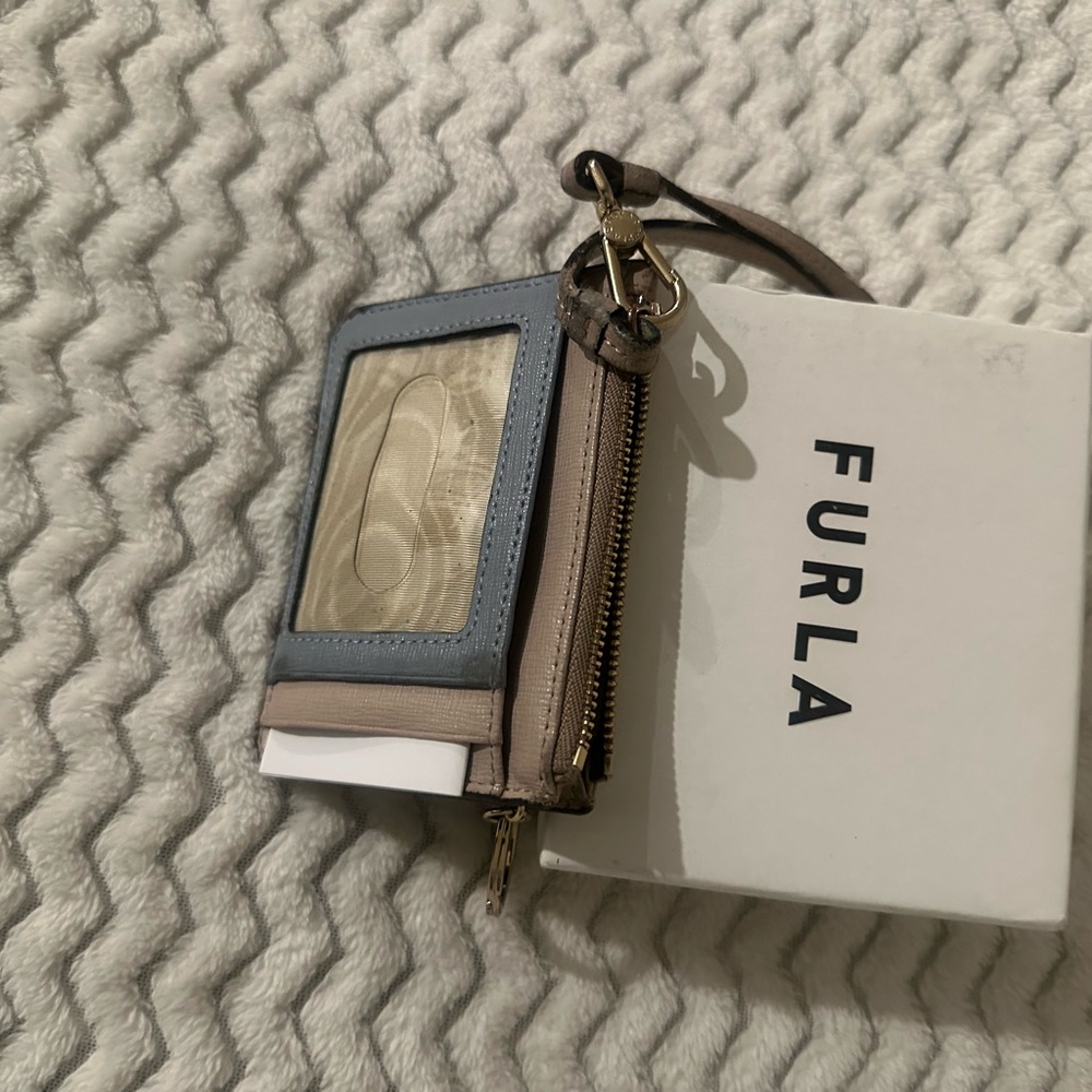 Furla Two-Tone Leather ID Card Holder in Blue and Beige